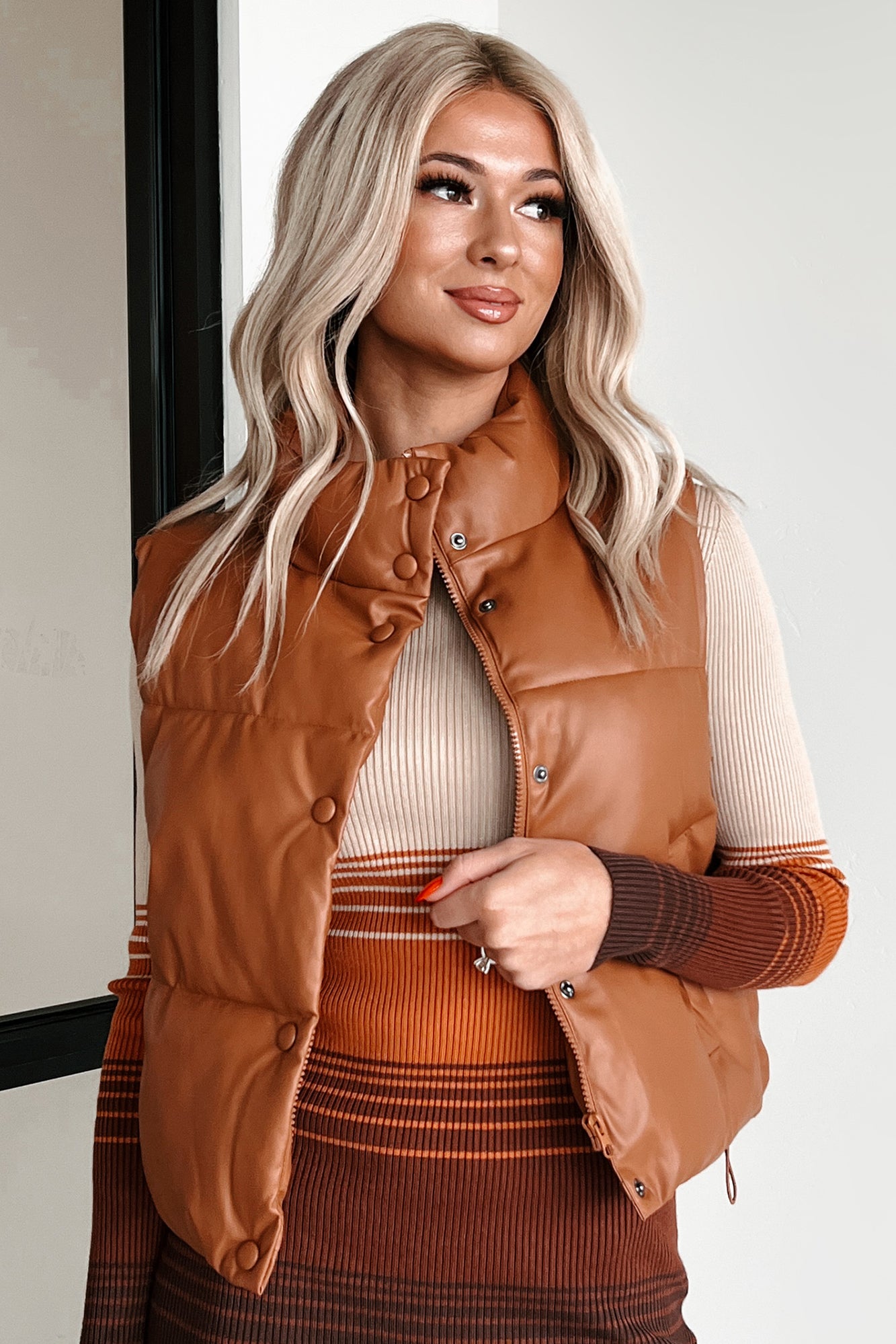 Hit The City Faux Leather Puffer Vest (Dark Camel) - NanaMacs