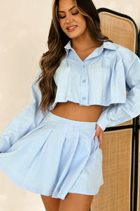 Chrishell Pleated Button-Down & Mini Skirt Set (Light Blue) - NanaMacs