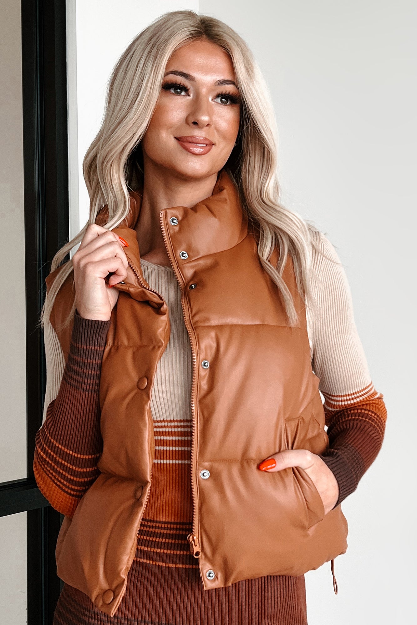 Hit The City Faux Leather Puffer Vest (Dark Camel) - NanaMacs