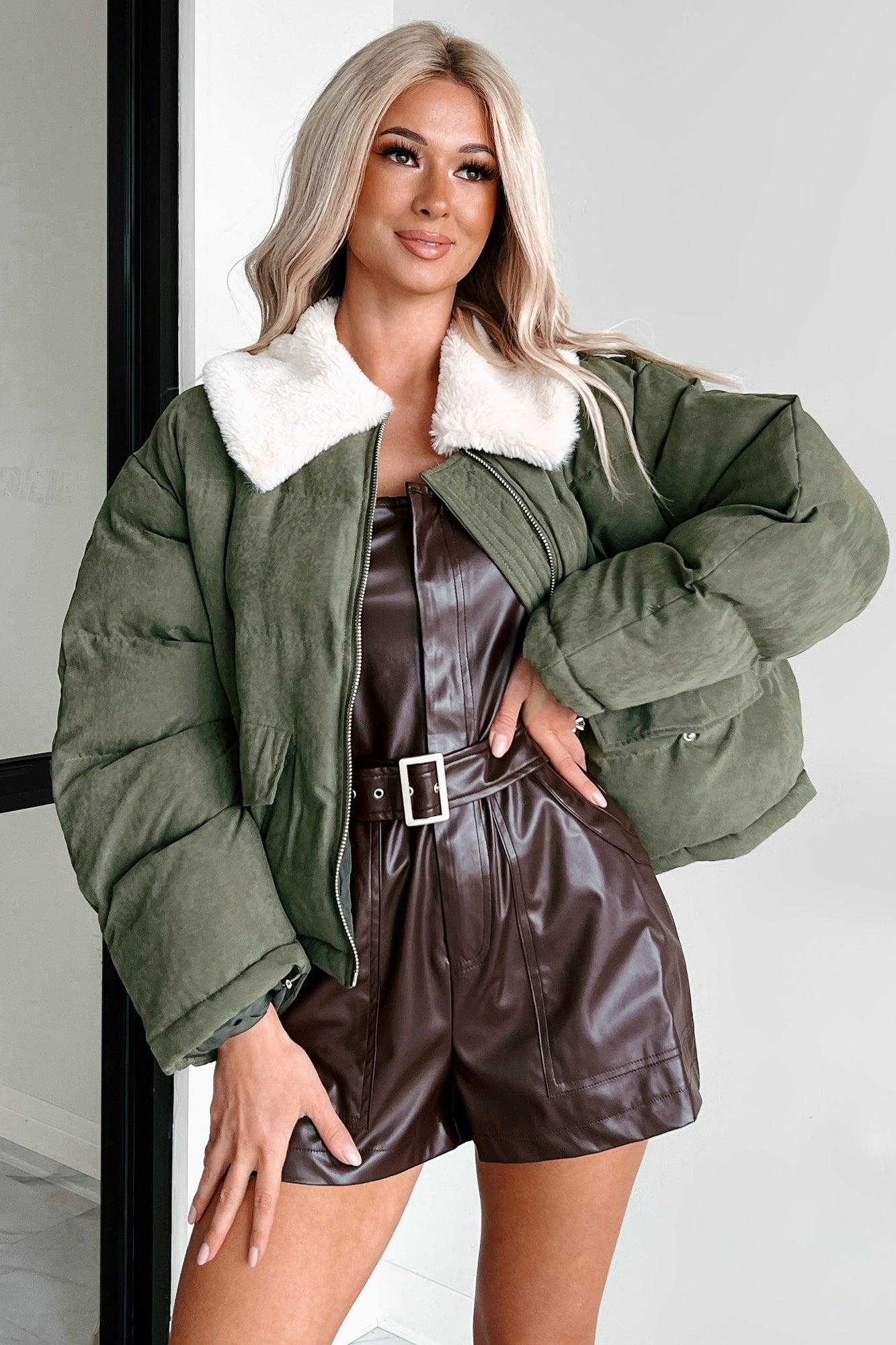 Icy Looks Faux Fur Collar Puffer Jacket (Olive)