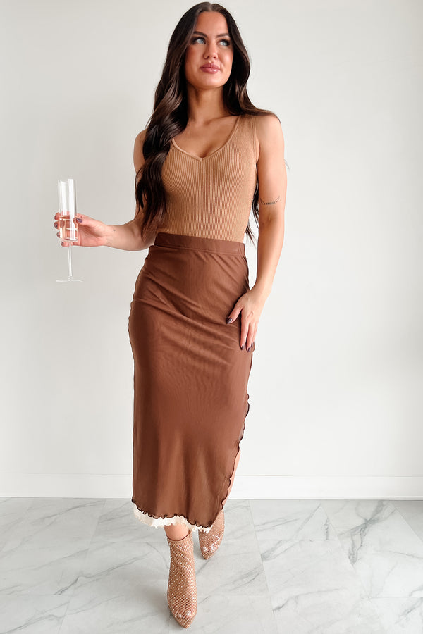 Don't Take It Personally Layered Mesh Midi Skirt (Brown) - NanaMacs