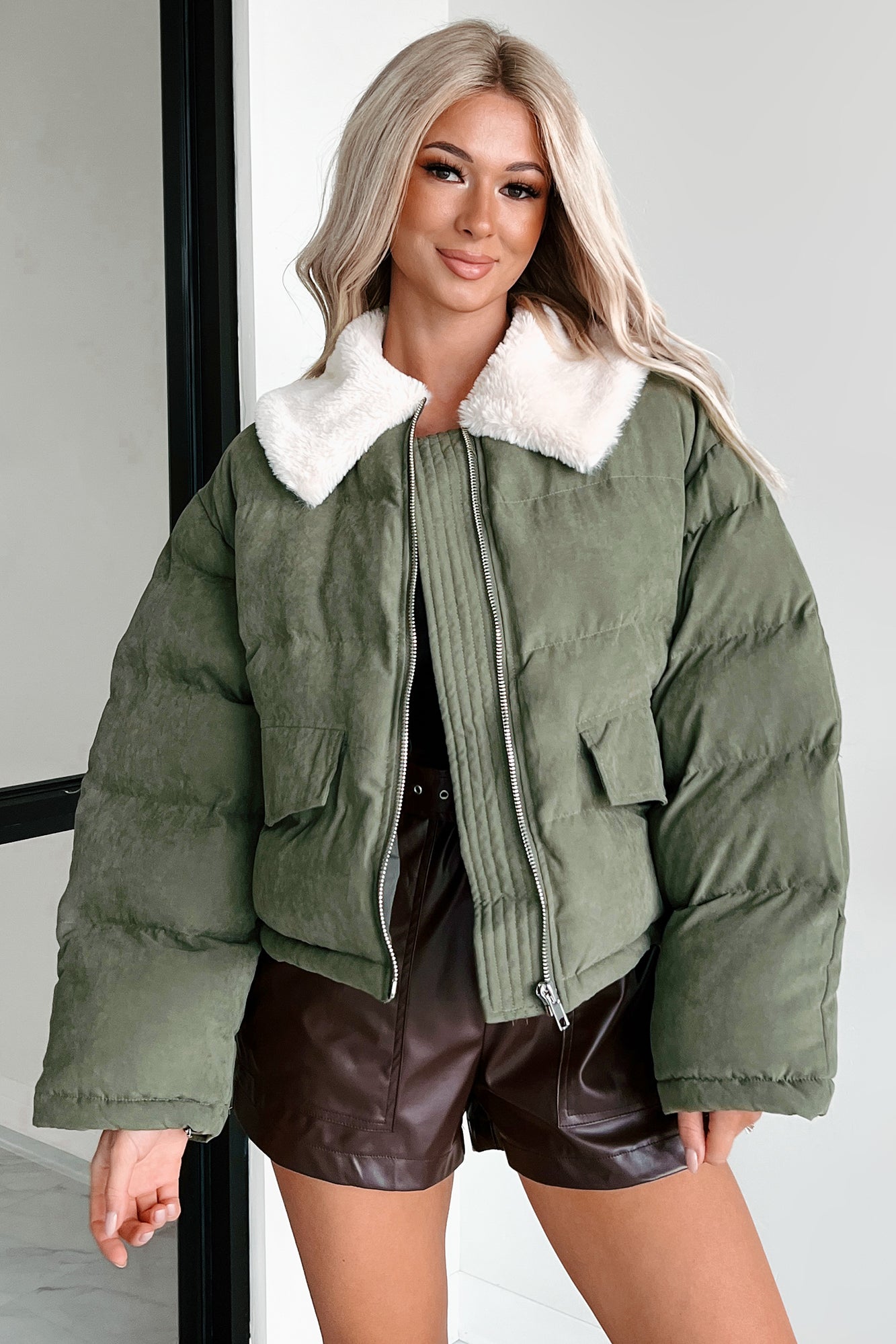 Icy Looks Faux Fur Collar Puffer Jacket (Olive) - NanaMacs