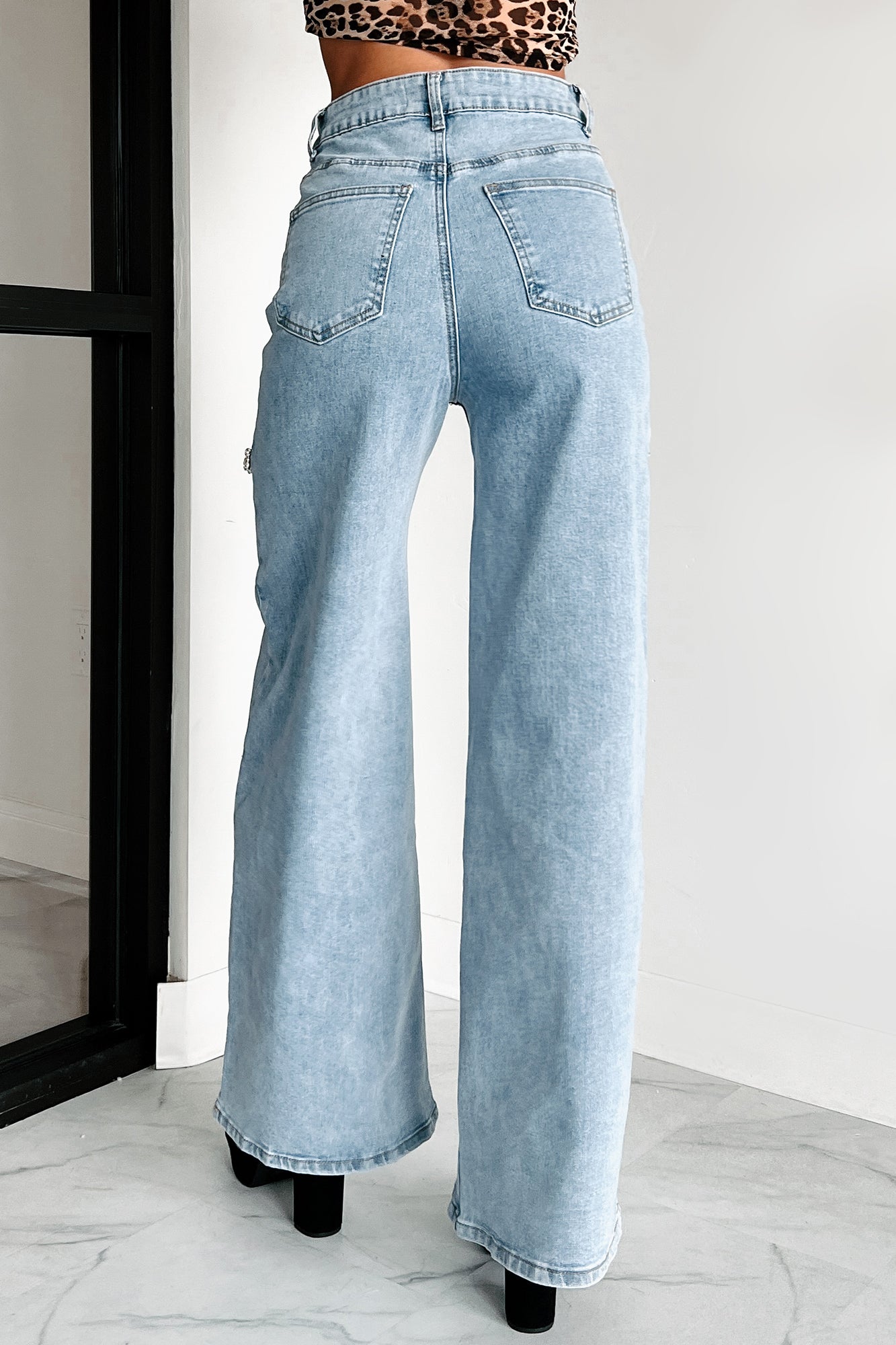 Constant Surprise High Rise Rhinestone Slit Wide Leg Jeans (Light Wash)