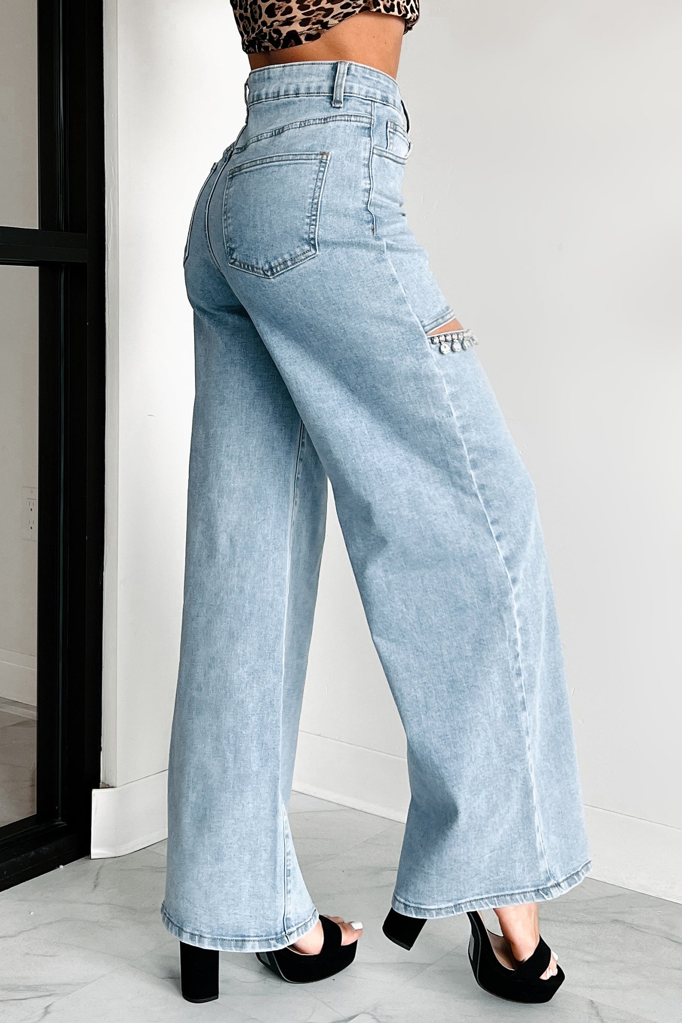 Constant Surprise High Rise Rhinestone Slit Wide Leg Jeans (Light Wash)