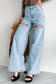 Constant Surprise High Rise Rhinestone Slit Wide Leg Jeans (Light Wash)