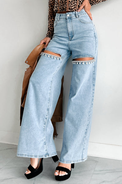 Constant Surprise High Rise Rhinestone Slit Wide Leg Jeans (Light Wash) - NanaMacs