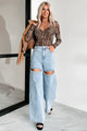 Constant Surprise High Rise Rhinestone Slit Wide Leg Jeans (Light Wash) - NanaMacs