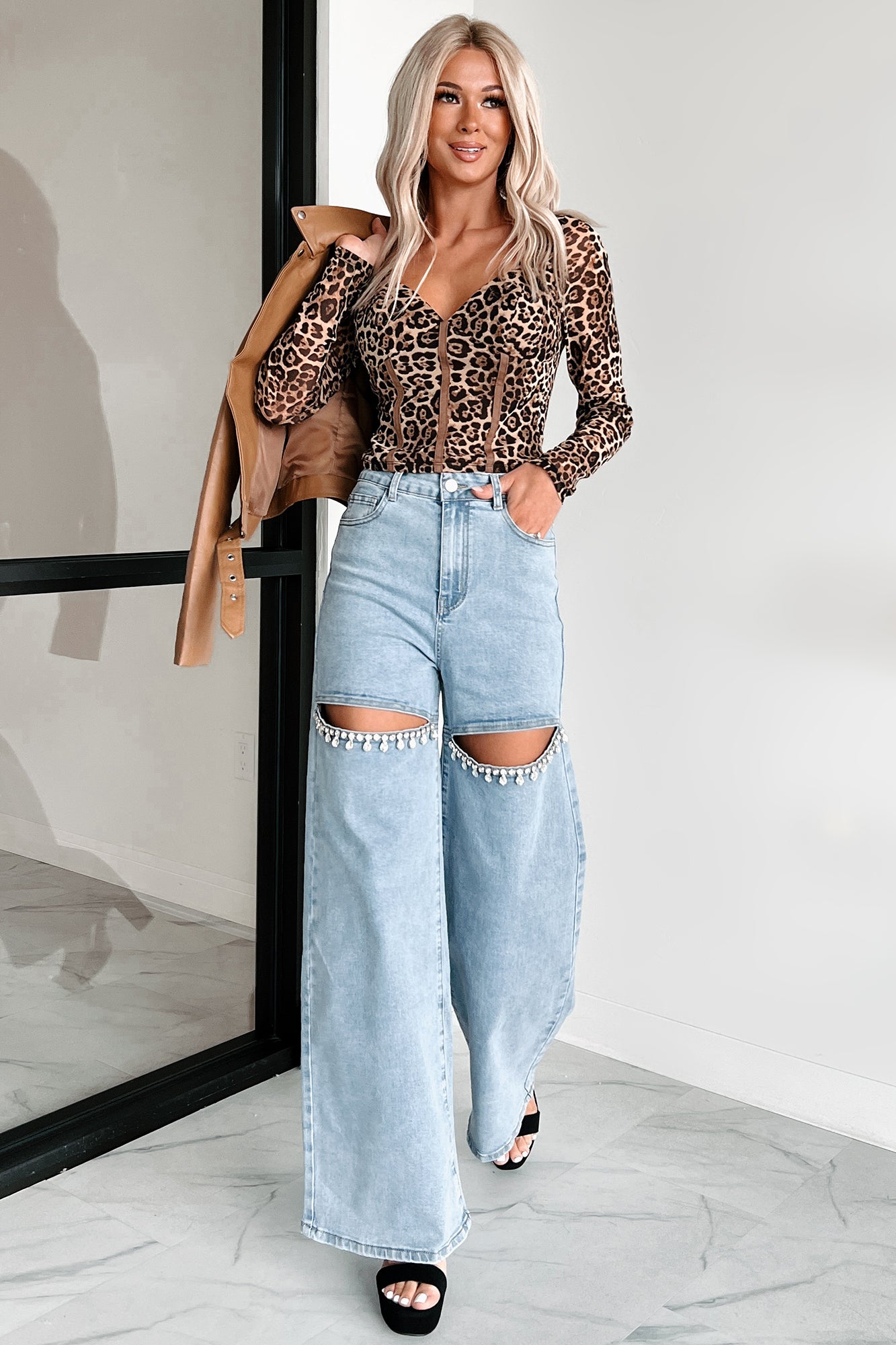 Constant Surprise High Rise Rhinestone Slit Wide Leg Jeans (Light Wash)