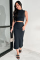 Elegant Charm Ribbed Knit Two-Piece Skirt Set (Black)