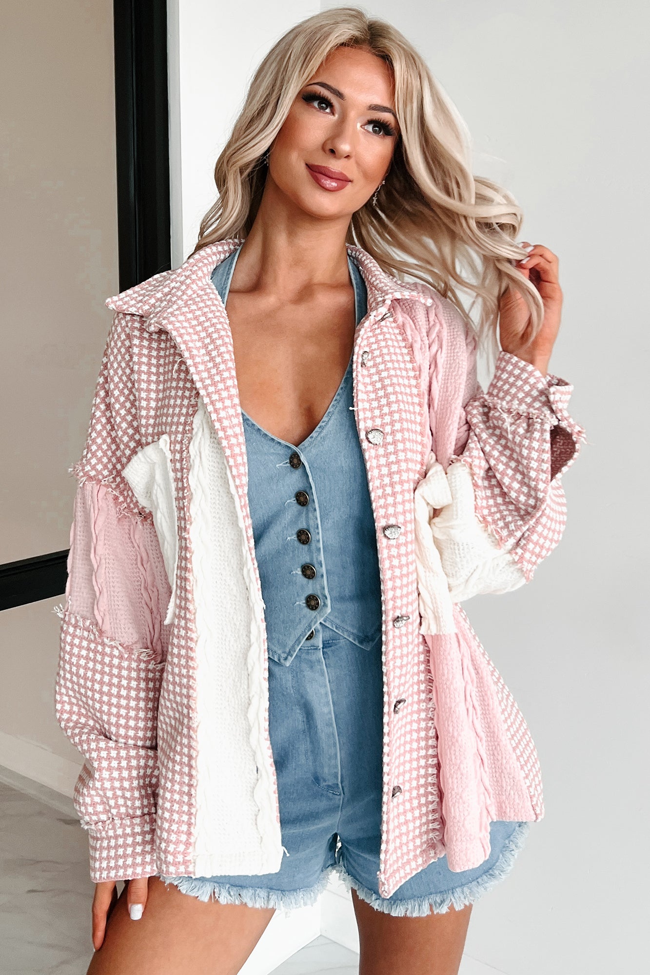 Charmingly Sweet Oversized Patchwork Shacket (Pink Multi) - NanaMacs