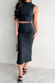 Elegant Charm Ribbed Knit Two-Piece Skirt Set (Black)