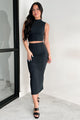 Elegant Charm Ribbed Knit Two-Piece Skirt Set (Black)