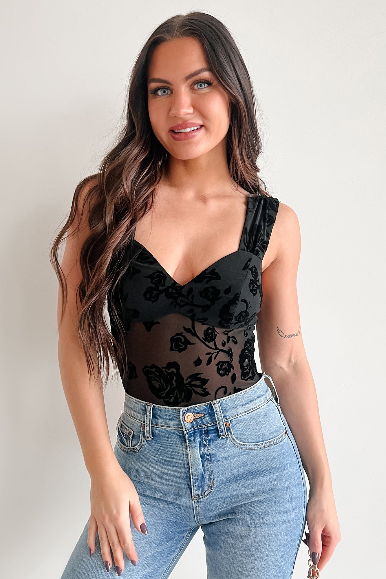 Midnight Garden Velvet Mesh Bodysuit (Black) - NanaMacs