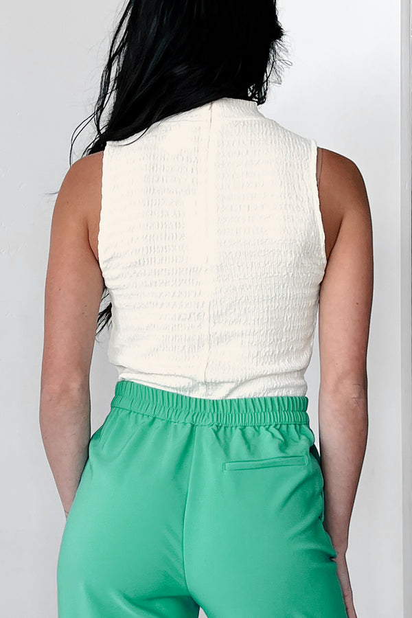 Sophisticated Summer Textured Mock Neck Top (Cream) - NanaMacs