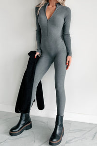 Lowkey And Loving It Zip Front Ribbed Jumpsuit (Heather Grey) - NanaMacs