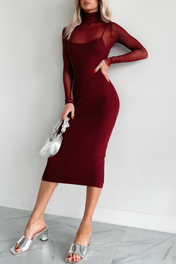 Loving Glances Mesh Midi Dress (Burgundy) - NanaMacs