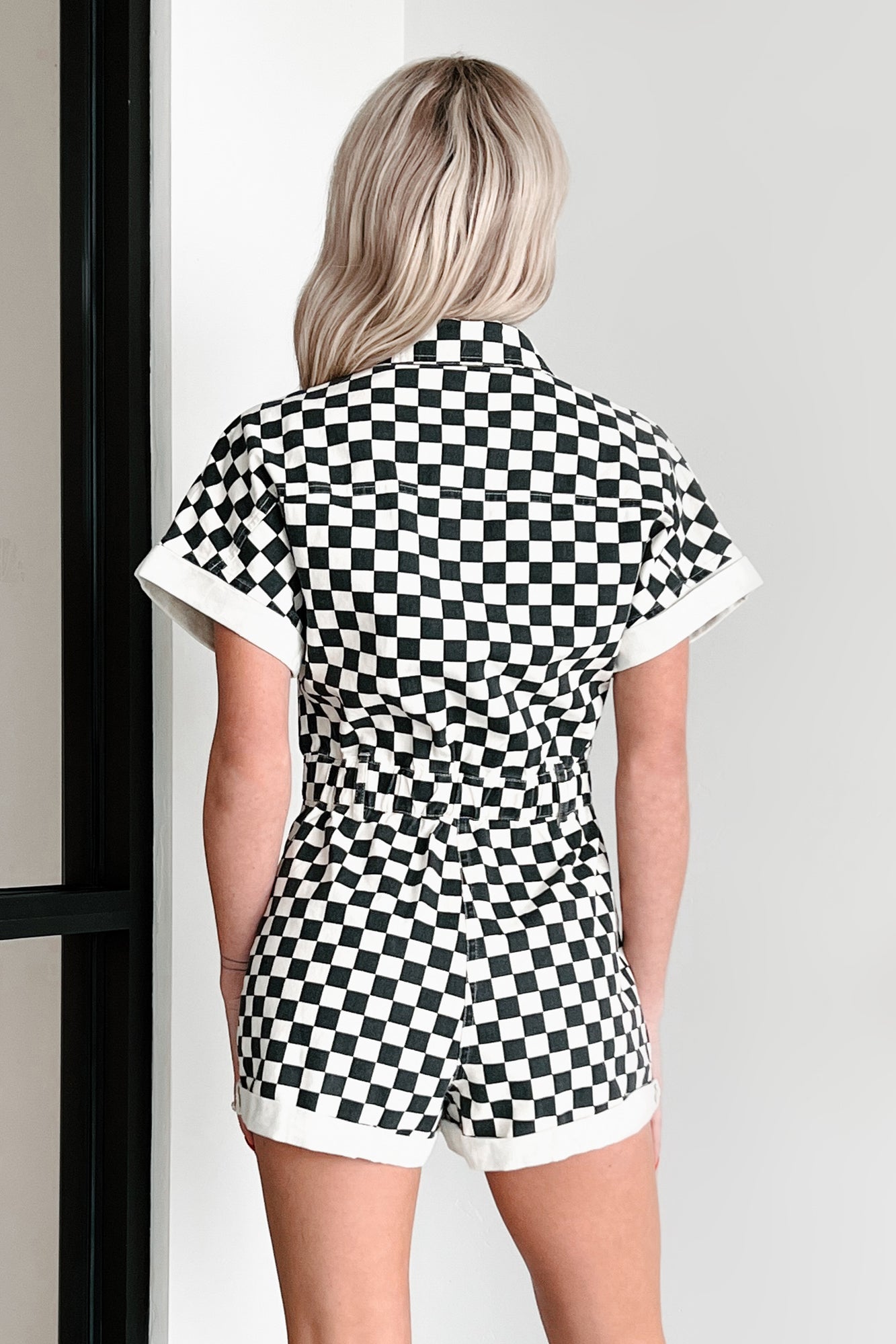 Off To The Races Denim Checker Print Romper (Black) - NanaMacs