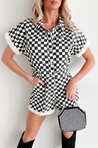 Off To The Races Denim Checker Print Romper (Black) - NanaMacs