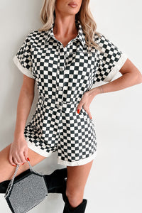 Off To The Races Denim Checker Print Romper (Black) - NanaMacs