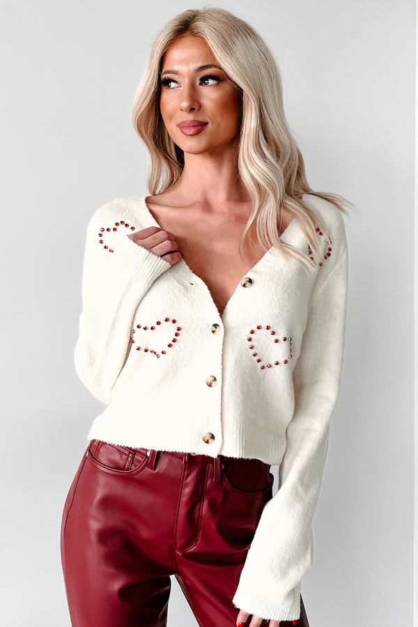 Express My Love Rhinestone Heart Cardigan Sweater (Ivory) - NanaMacs