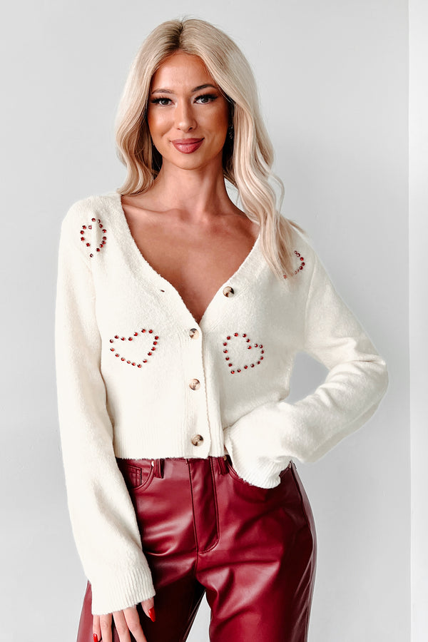 Express My Love Rhinestone Heart Cardigan Sweater (Ivory) - NanaMacs