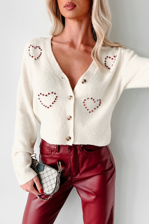 Express My Love Rhinestone Heart Cardigan Sweater (Ivory) - NanaMacs