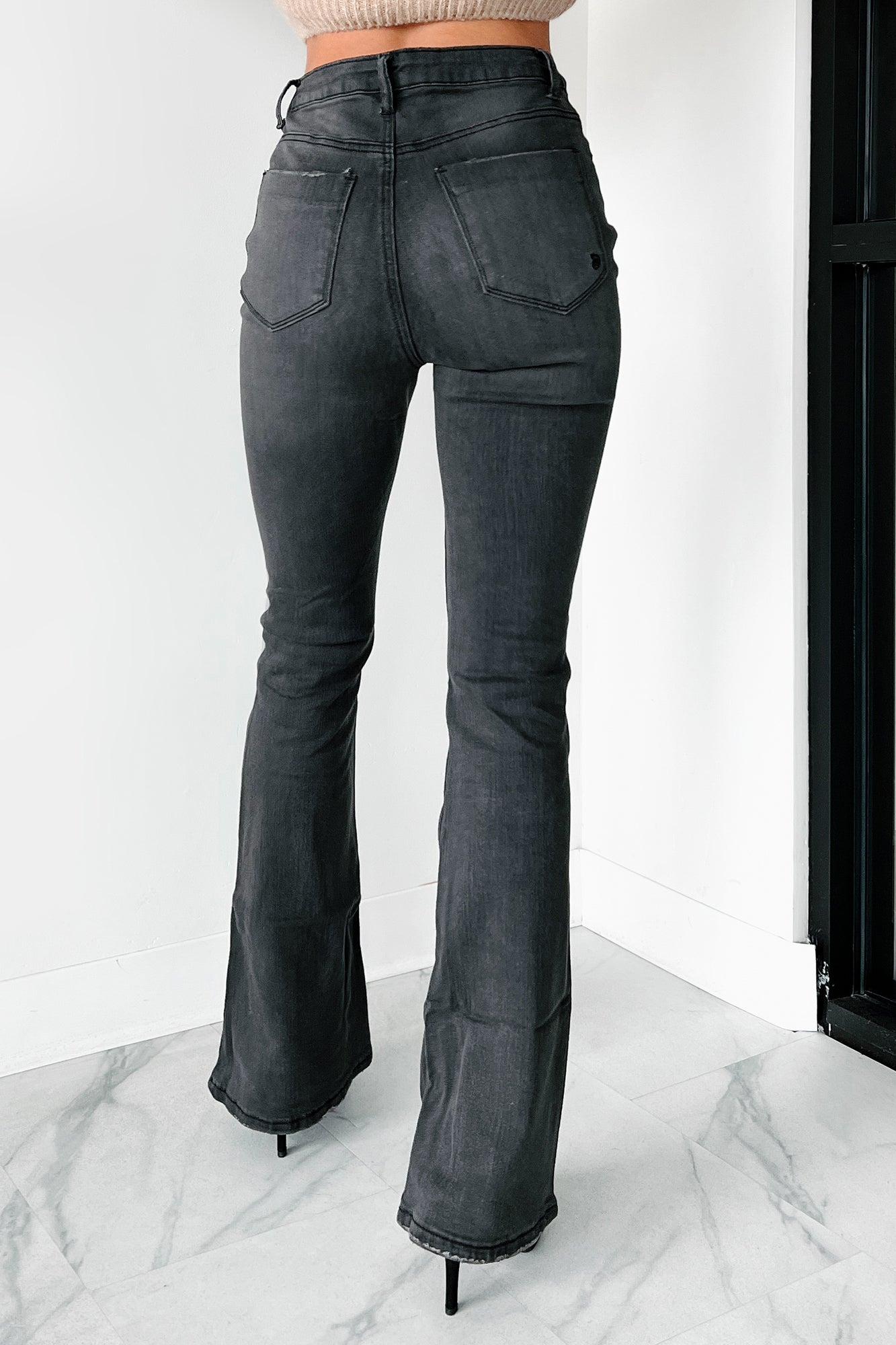 Kadri High Rise Button Fly Flare Jeans (Black) - NanaMacs