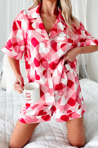 Love Calls Silky Heart Printed Pajama Set (White/Coral/Red) - NanaMacs