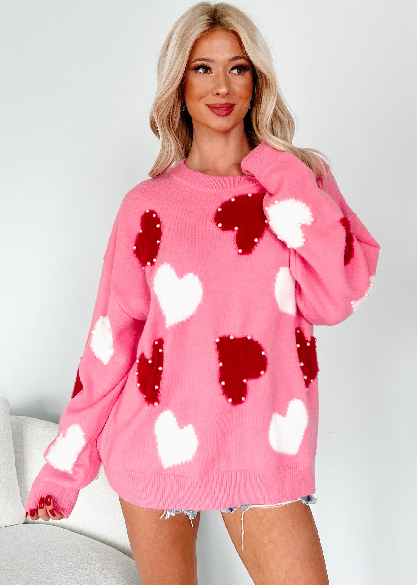 Blushing Looks Multi Colored Pearl Heart Sweater (Candy Pink) - NanaMacs