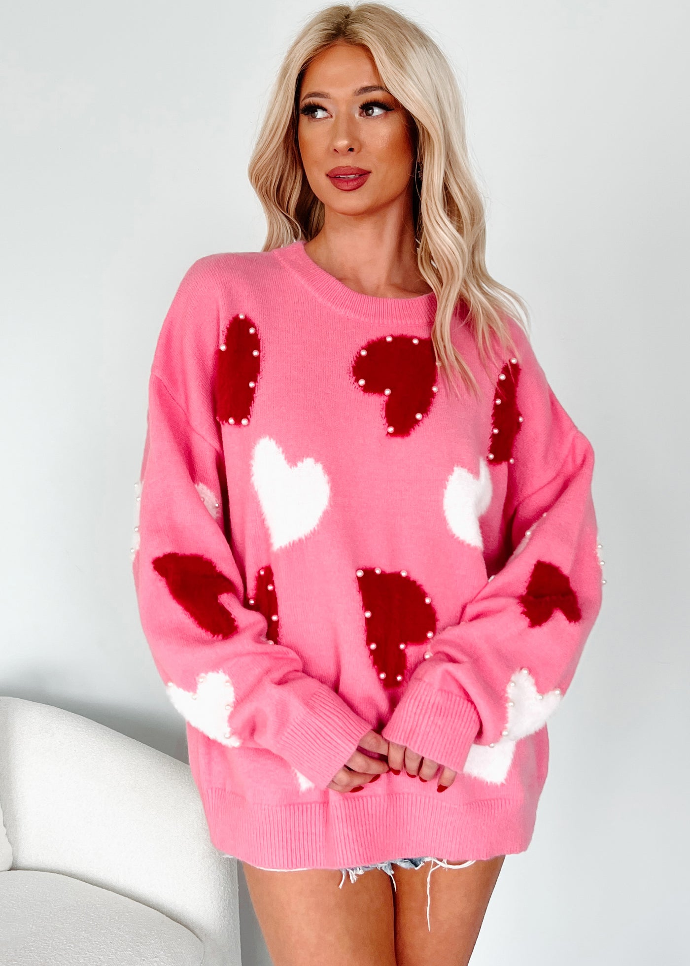 Blushing Looks Multi Colored Pearl Heart Sweater (Candy Pink) - NanaMacs