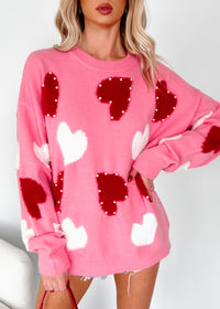 Blushing Looks Multi Colored Pearl Heart Sweater (Candy Pink) - NanaMacs