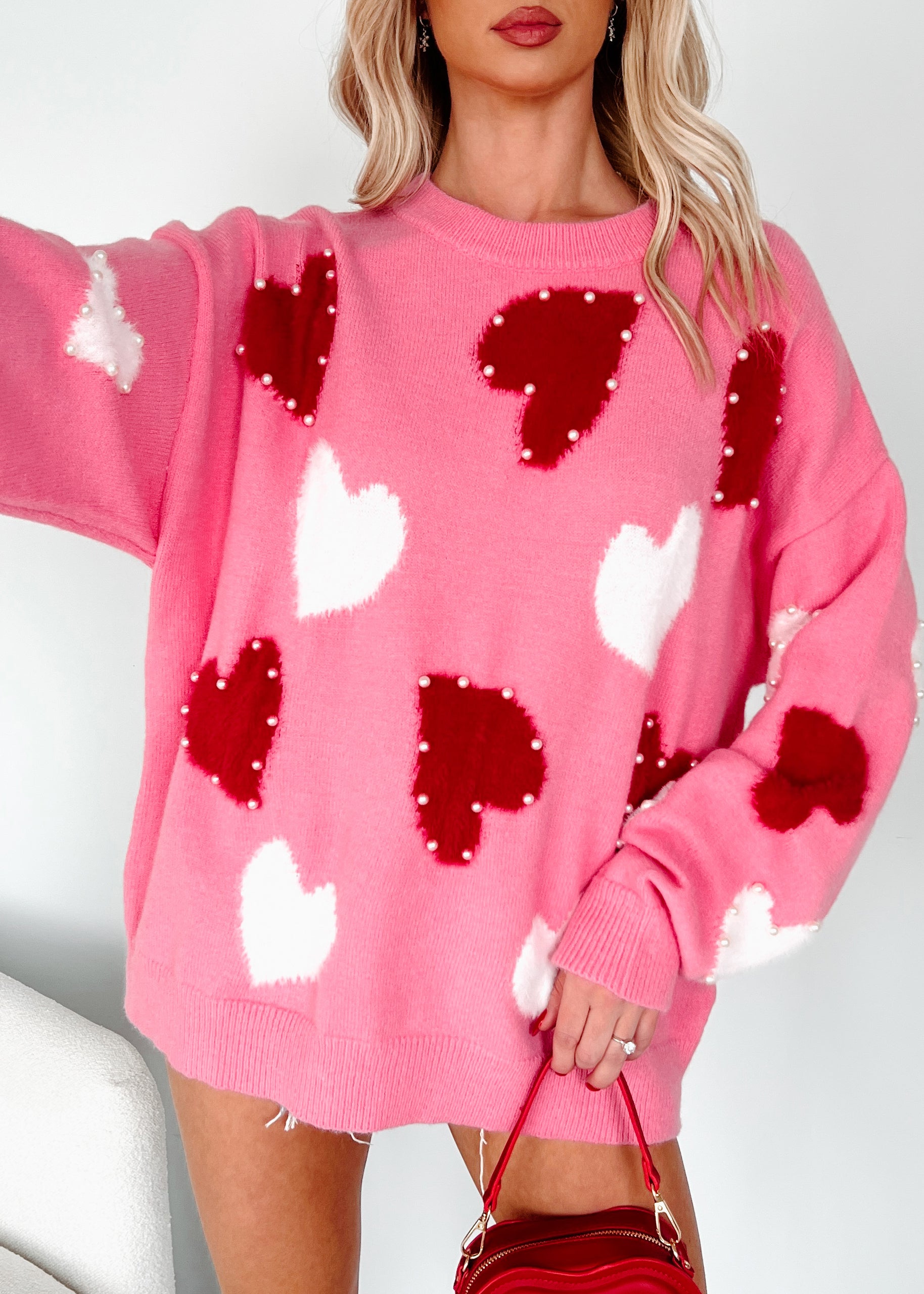 Blushing Looks Multi Colored Pearl Heart Sweater (Candy Pink) - NanaMacs