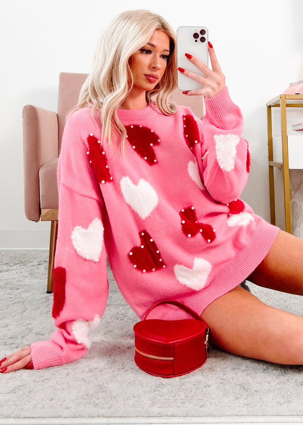 Blushing Looks Multi Colored Pearl Heart Sweater (Candy Pink) - NanaMacs