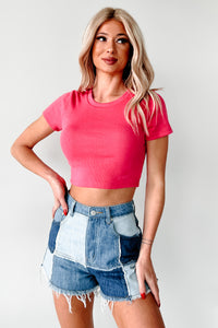 Keep It Brief Ribbed Crop Tee (Bright Pink) - NanaMacs