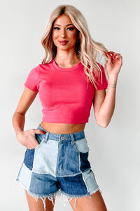 Keep It Brief Ribbed Crop Tee (Bright Pink) - NanaMacs