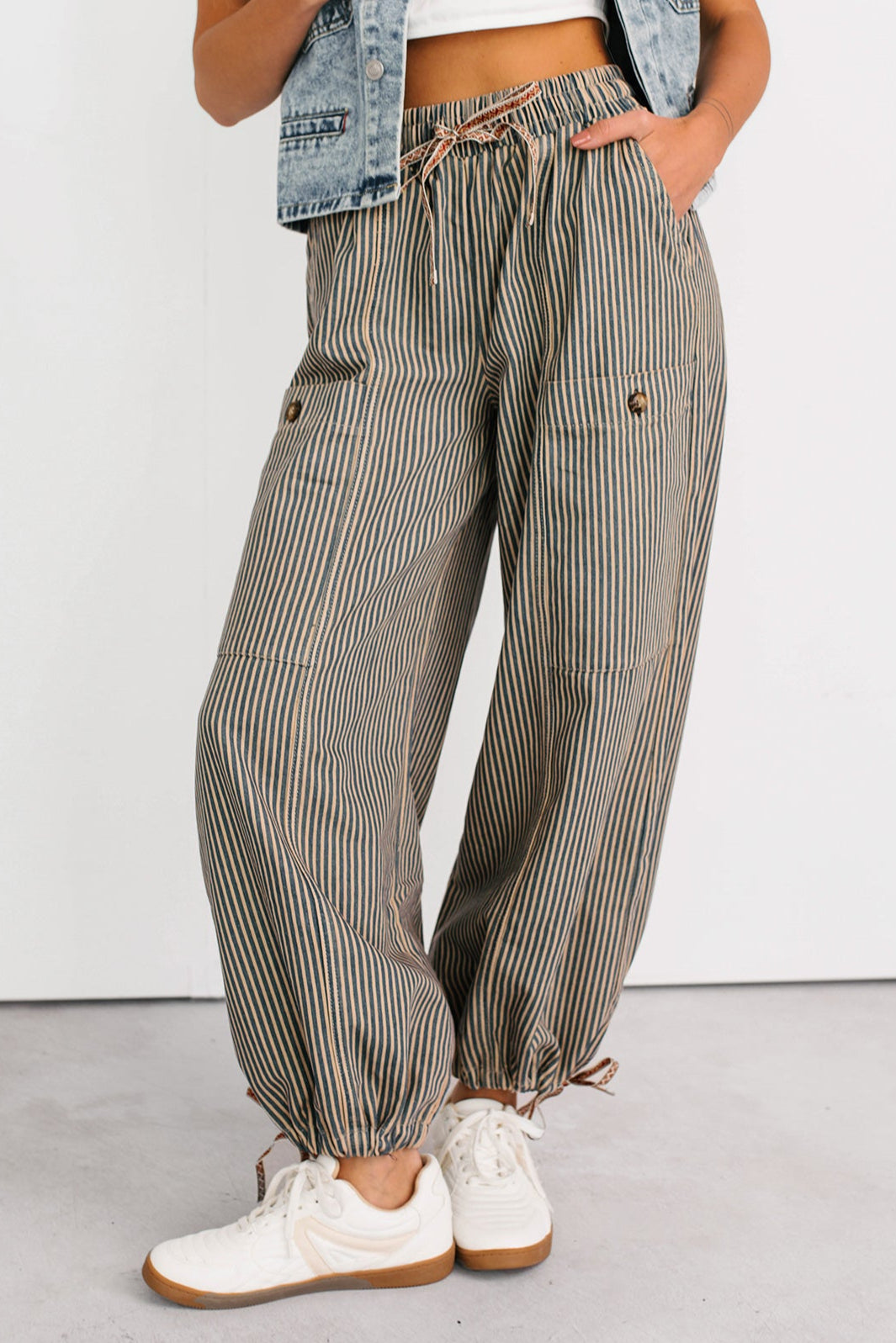 Restless Heart Striped Wide Leg Drawstring Pants (Latte) - NanaMacs