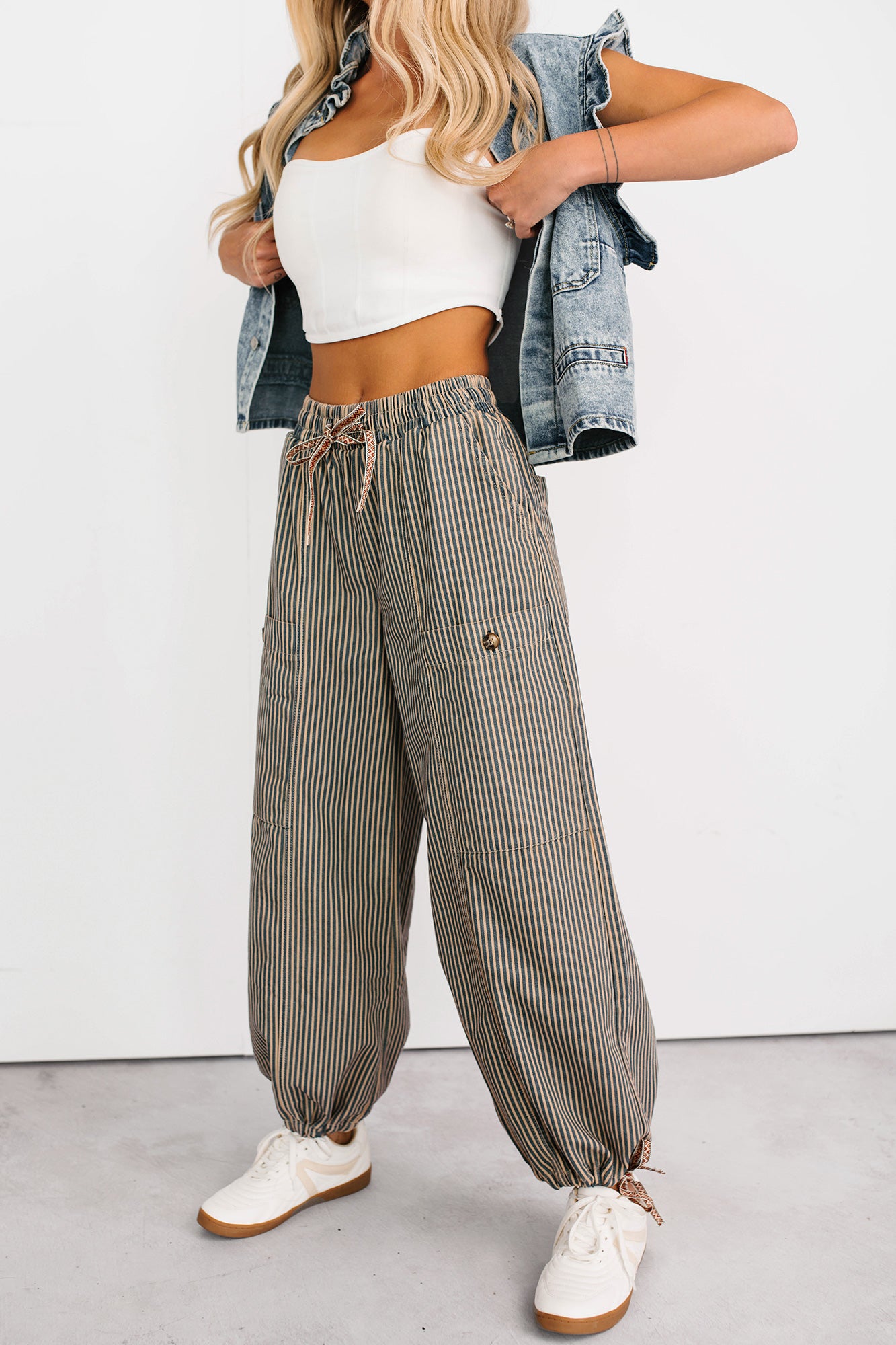 Restless Heart Striped Wide Leg Drawstring Pants (Latte) - NanaMacs