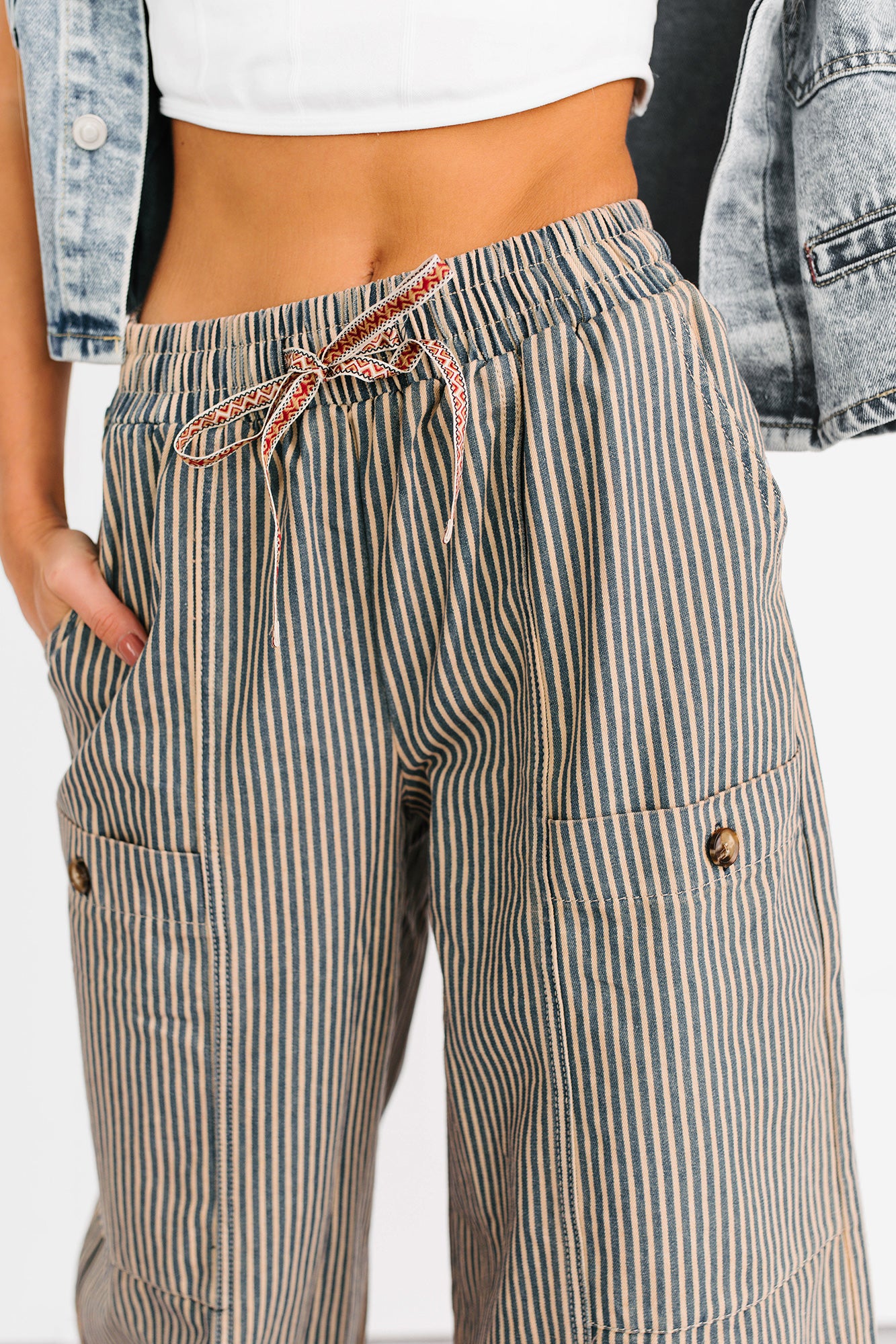 Restless Heart Striped Wide Leg Drawstring Pants (Latte) - NanaMacs