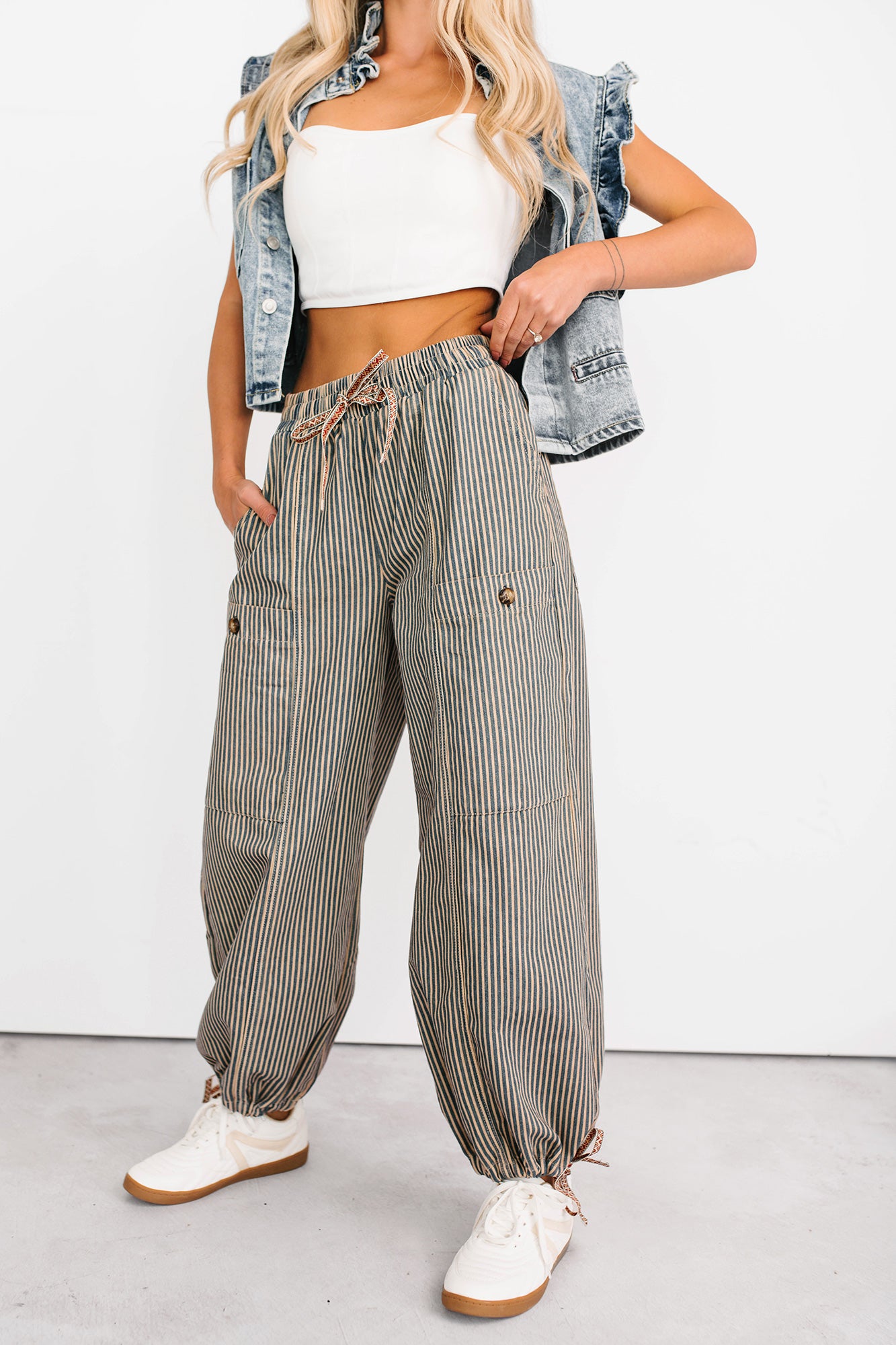 Restless Heart Striped Wide Leg Drawstring Pants (Latte) - NanaMacs