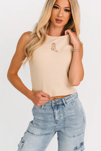 Somewhere Still Boot Embroidered Tank Top (Taupe) - NanaMacs