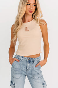 Somewhere Still Boot Embroidered Tank Top (Taupe) - NanaMacs