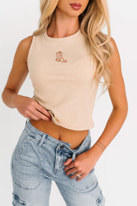 Somewhere Still Boot Embroidered Tank Top (Taupe) - NanaMacs