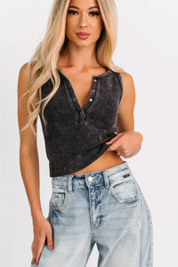 Chill Intentions Ribbed Washed Zenana Henley Tank (Ash Black) - NanaMacs