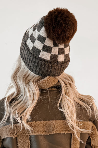 Curl Up Here Checker Pom Pom Beanie (Brown/Khaki) - NanaMacs