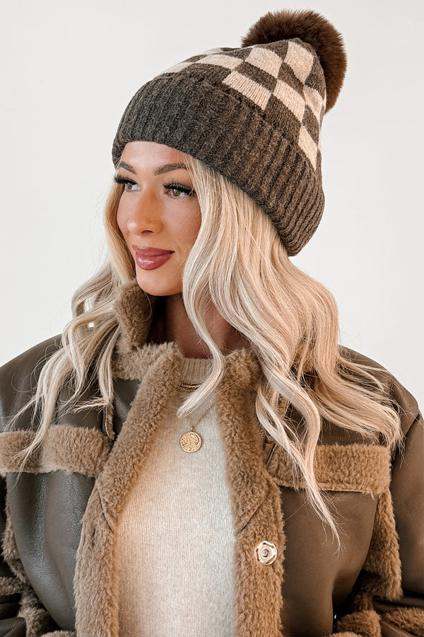 Curl Up Here Checker Pom Pom Beanie (Brown/Khaki) - NanaMacs