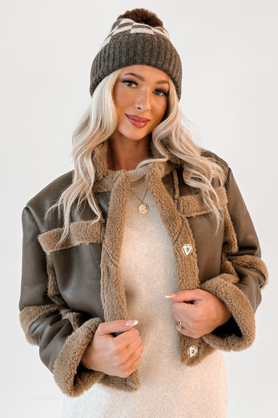She’s Fire Faux Leather Fur Trim Crop Jacket (Chocolate)