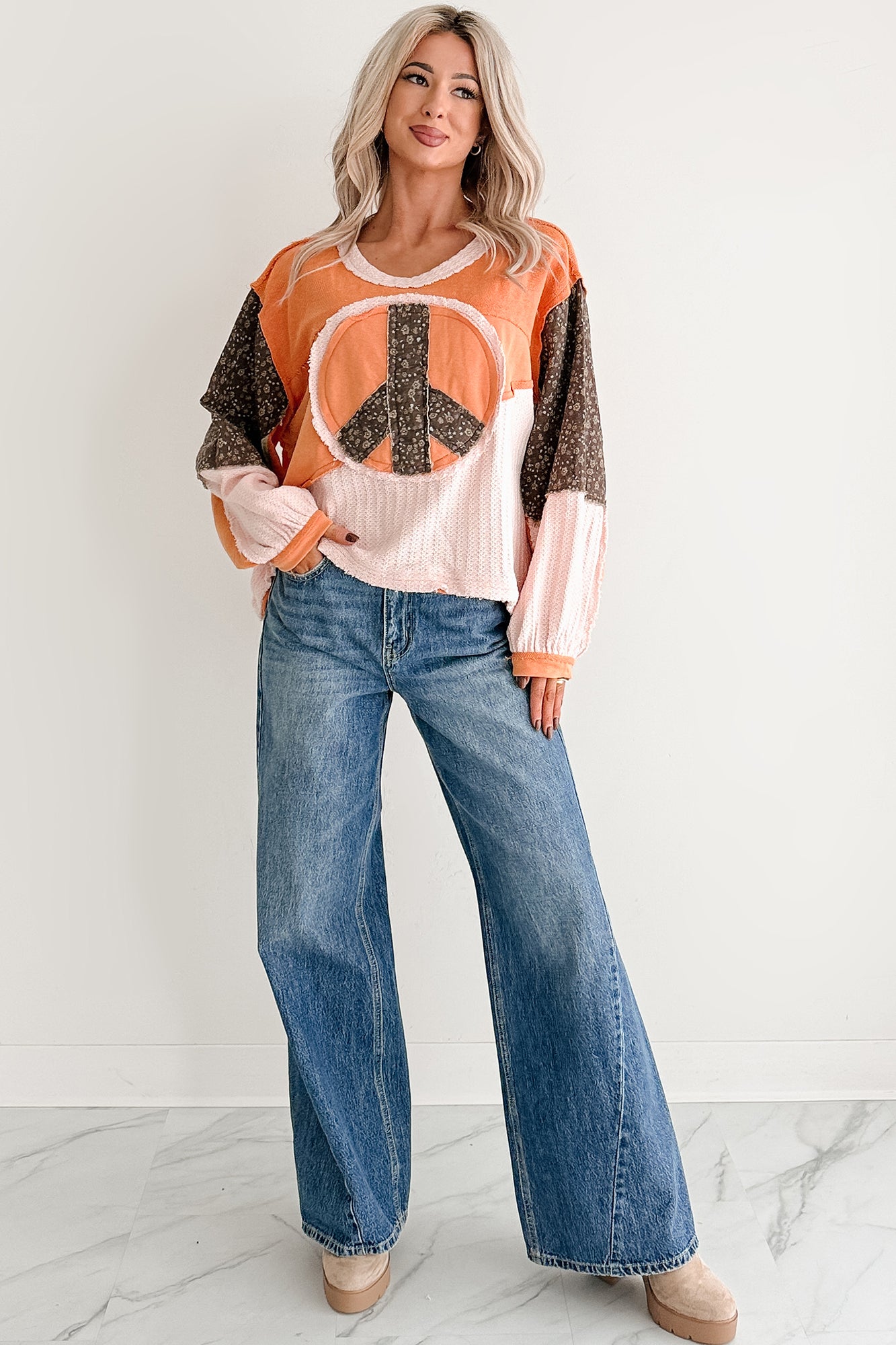 Peaceful & Pretty POL Patchwork Peace Sign Top (Tangerine)