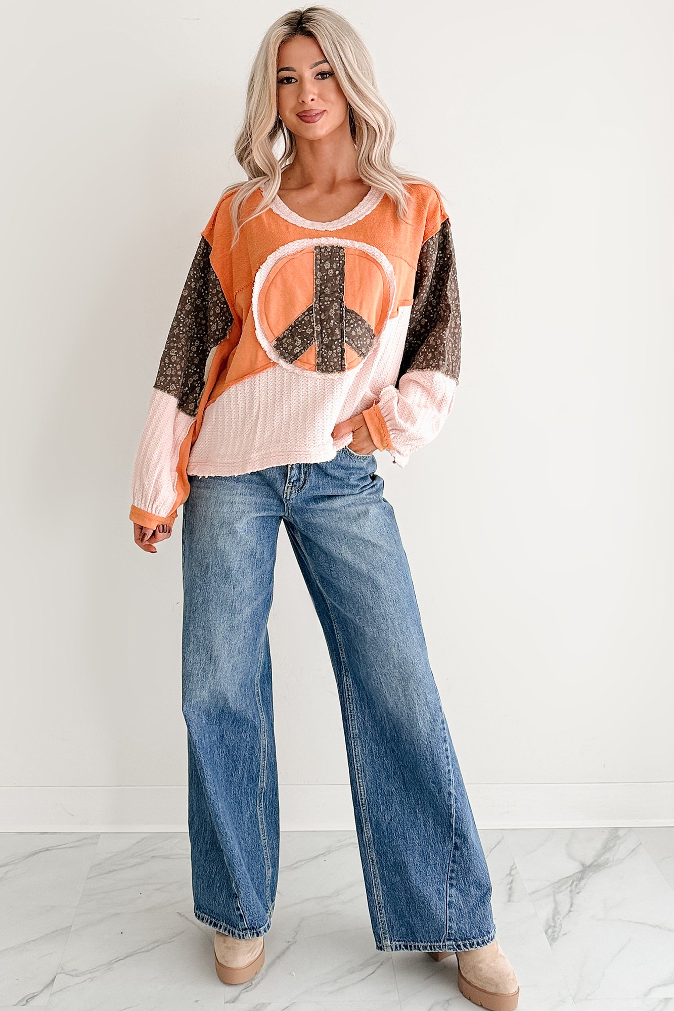 Peaceful & Pretty POL Patchwork Peace Sign Top (Tangerine)