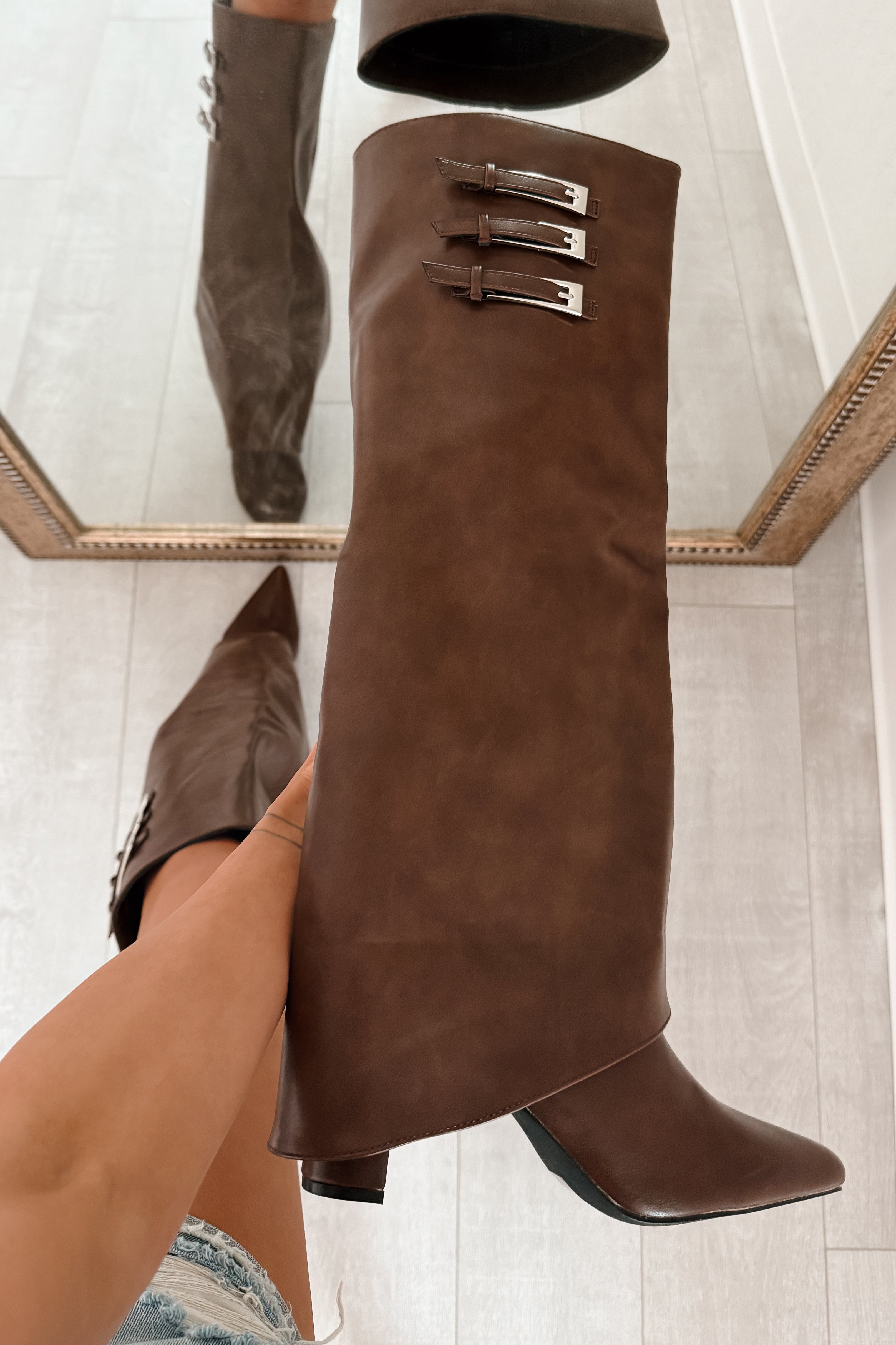 It's Go Time Faux Leather Fold Down Boots (Brown) - NanaMacs