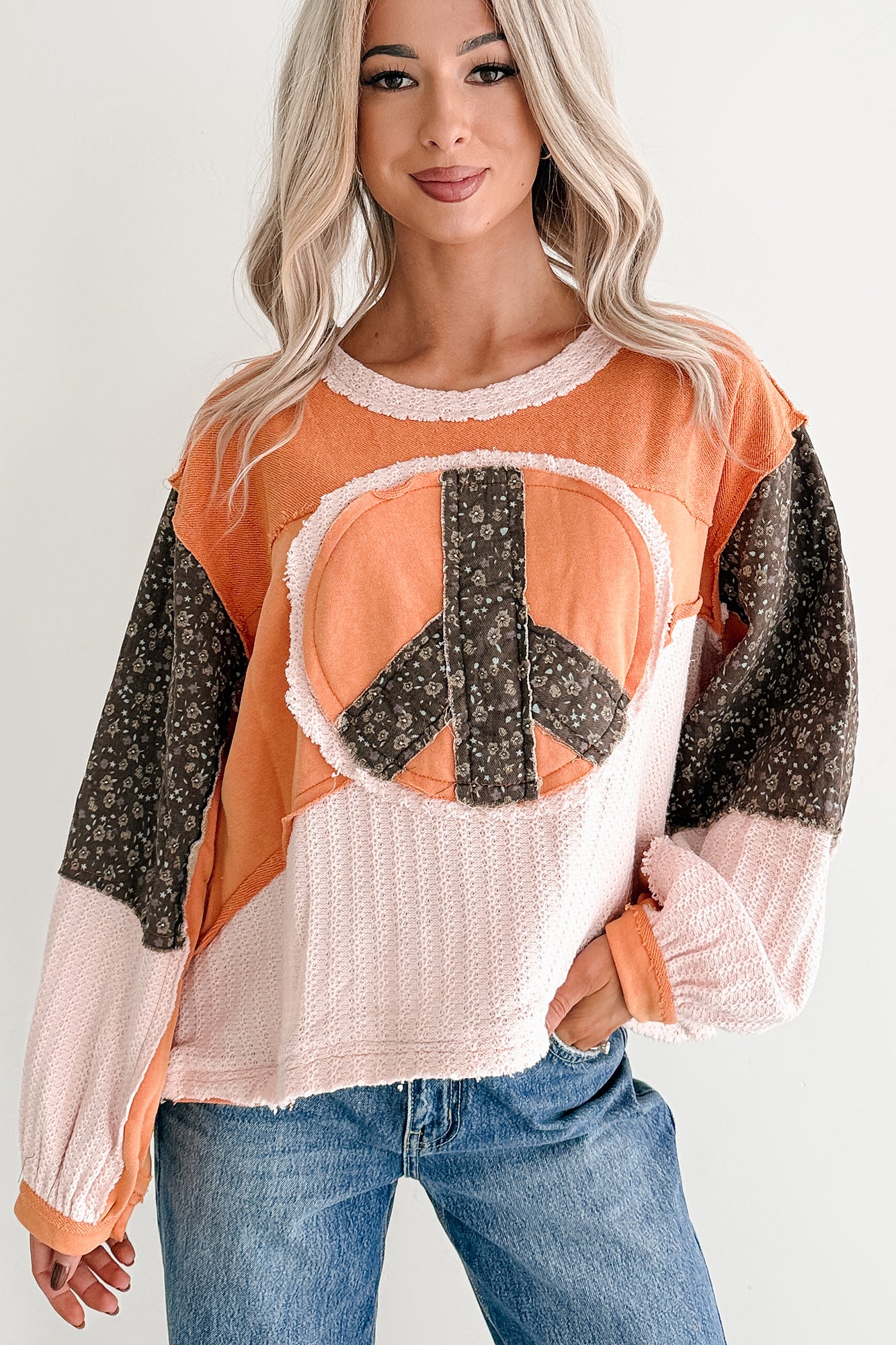Peaceful & Pretty POL Patchwork Peace Sign Top (Tangerine)